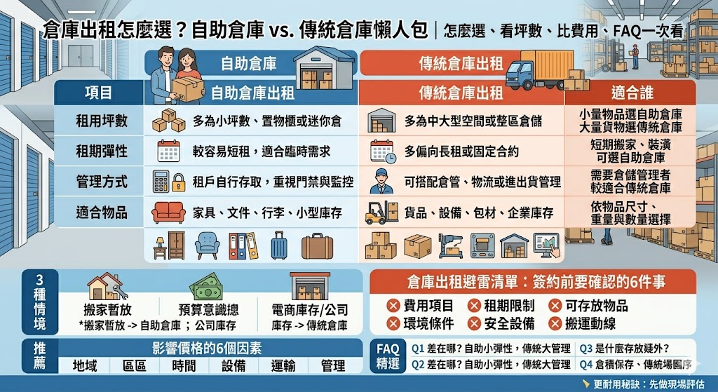 選擇倉庫出租服務時，空間彈性與管理成本是核心考量。自助倉庫以「小坪數、短租期」為特色，提供 24 小時自由進出、高規格溫濕度控制與門禁防盜，非常適合個人存放雜物、收藏品或電商賣家的小規模出貨。相比之下，傳統倉庫多為大面積出租，通常需負擔長期租約及較高的管理成本，但其優勢在於擁有完善的貨物裝卸碼頭與大型機具作業空間，適合需要大量進出貨、棧板存放的傳統貿易商或物流企業。挑選時應先評估存放物品的性質與進出庫頻率，若重視隱私與環境品質，自助倉庫是現代化首選；若為大宗商貿物資且不需頻繁取貨，傳統倉庫則能提供更具規模經濟的倉儲解決方案。