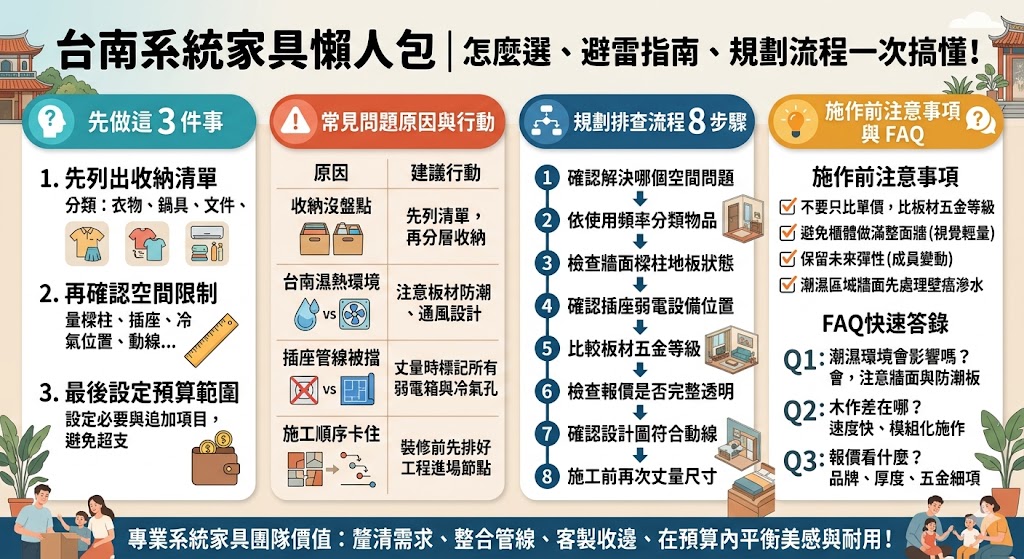 在台南進行居家裝修時，選擇合適的系統家具不僅能極大化空間利用，更能打造具備個人風格的居住環境。本文詳細拆解台南系統家具的規劃流程，從初期的現場丈量、風格討論到板材與五金配件的挑選，協助您在預算內達成美感與機能的平衡。同時針對施工過程中的注意事項，如牆面平整度要求、收邊處理及在地氣候對板材防潮性能的影響進行深度解析，並整理了消費者最常遇到的保固與售後維修問題。透過這份全方位的台南系統家具選購指南，您能精準避開常見的裝修陷阱，掌握工期進度與品質關鍵，確保打造出耐用且高品質的理想收納空間。