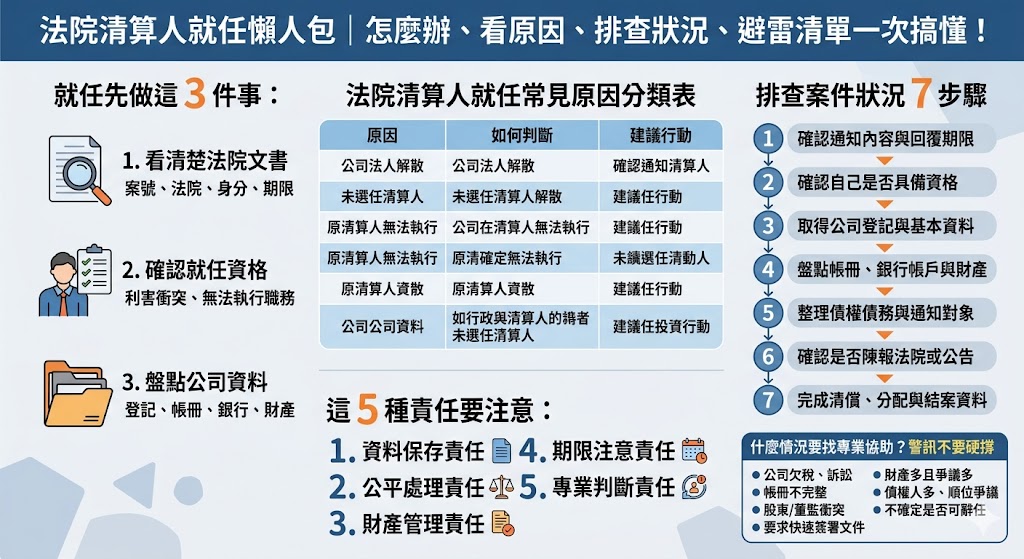 擔任法院清算人就任後，首要任務是釐清法律責任與各項法定程序。本篇指南提供7個關鍵步驟，從取得選任證明、財產盤點、債權申報至清償與結算，協助您有效規避潛在風險，確保法院清算人就任後的清算程序合法合規，順利完成公司清算任務。