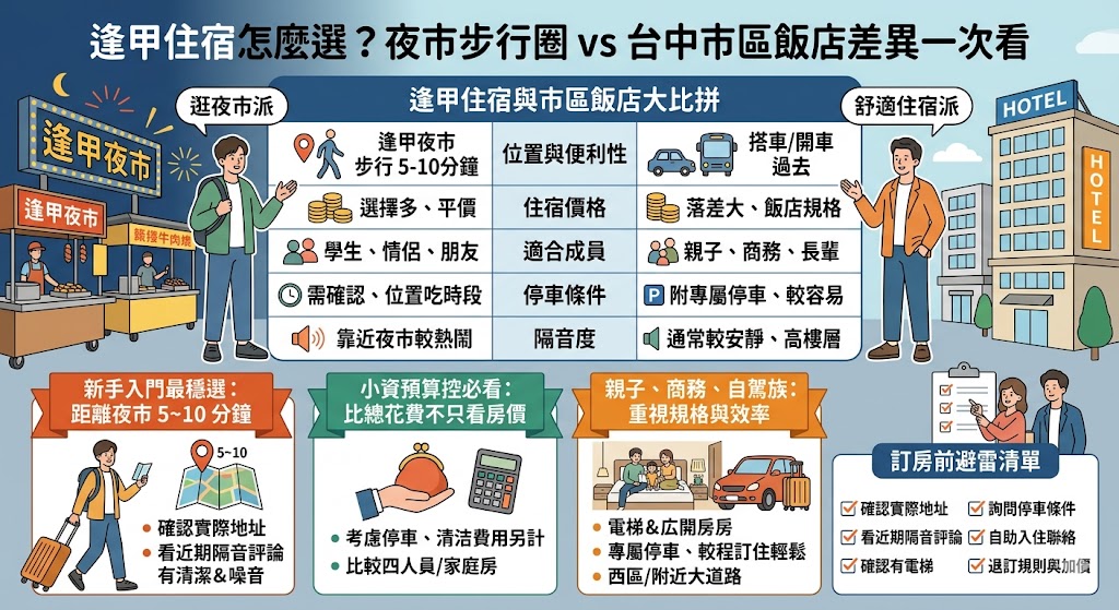 規劃台中旅遊時，選擇合適的逢甲住宿能為旅程帶來截然不同的體驗。若您偏好便利性，選擇位於夜市步行圈的逢甲飯店，如豐邑逢甲商旅或星享道酒店，下樓即可品嘗在地美食，對於不想帶著大包小包走遠路的旅客或親子家庭來說極為便利，省下不少交通時間。相對地，若您重視住宿品質、寬敞空間與完善的公共設施，則可考慮距離商圈稍有距離的台中市區飯店，如勤美綠園道周邊或七期商辦區的星級酒店，這些地點通常擁有更佳的景觀、豐富的自助早餐及安靜的休憩環境，適合開車自駕且重視整體住宿質感的商務或度假旅客。建議您根據行程重點、預算與同行人數，來權衡最適合的住宿區域。