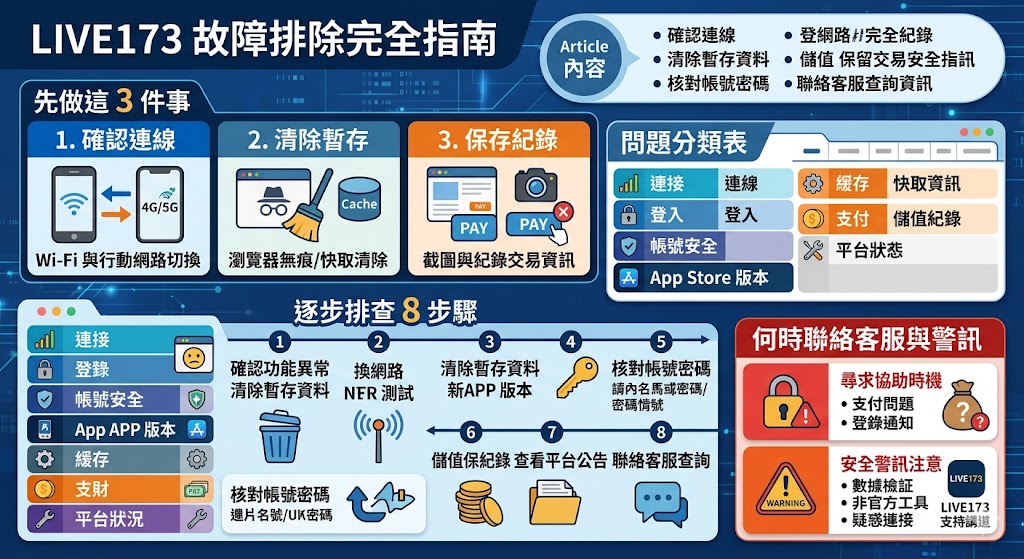 遇到 live173 打不開、無法登入、直播卡頓或付款未入帳時，先別急著重複操作。本文整理 live173 常見異常原因、快速排查步驟、帳號與付款注意事項，幫助你判斷是網路、瀏覽器、App、帳號安全還是平台維護問題，並知道什麼情況需要聯絡客服處理，降低重複付款與帳號風險。