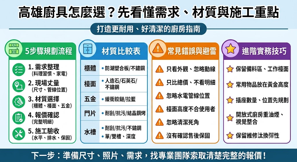 想找高雄廚具卻不知道從哪開始?本文整理高雄廚具規劃重點,包含櫃體材質、檯面選擇、收納設計、施工流程、報價比較與常見避雷,幫助屋主在裝修前掌握關鍵細節,打造耐用、好清潔又符合生活習慣的實用廚房空間。