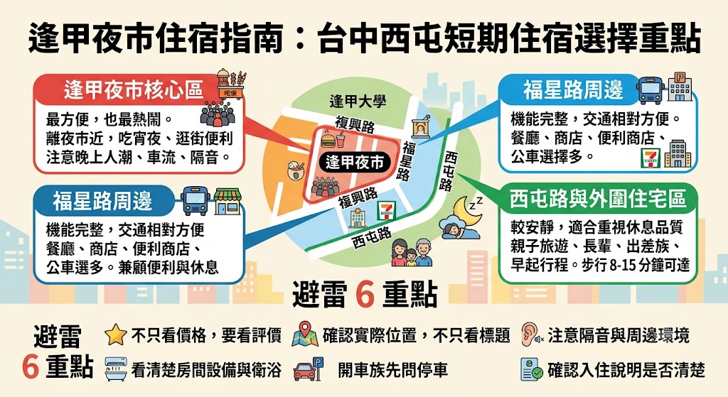 逢甲夜市住宿怎麼選?本文整理逢甲夜市住宿的區域差異、房型選擇、預訂流程、費用影響與避雷重點,適合想找台中西屯住宿、逢甲商圈短住、親子旅遊或朋友出遊的人參考,幫助你快速比較位置、交通、評價與停車資訊。