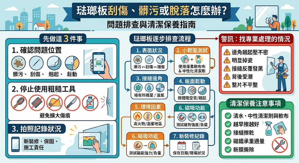 琺瑯板常用於廚房、商空與室內牆面，若遇到刮傷、髒污、接縫發黑、邊角翹起或磁吸力不足，建議先判斷問題來源，再依清潔、修補或施工檢查處理。本文整理琺瑯板常見原因、排查步驟與保養注意事項，幫助你了解琺瑯板如何正確清潔、避免錯誤工具造成表面受損，並判斷何時需要找專業人員協助。