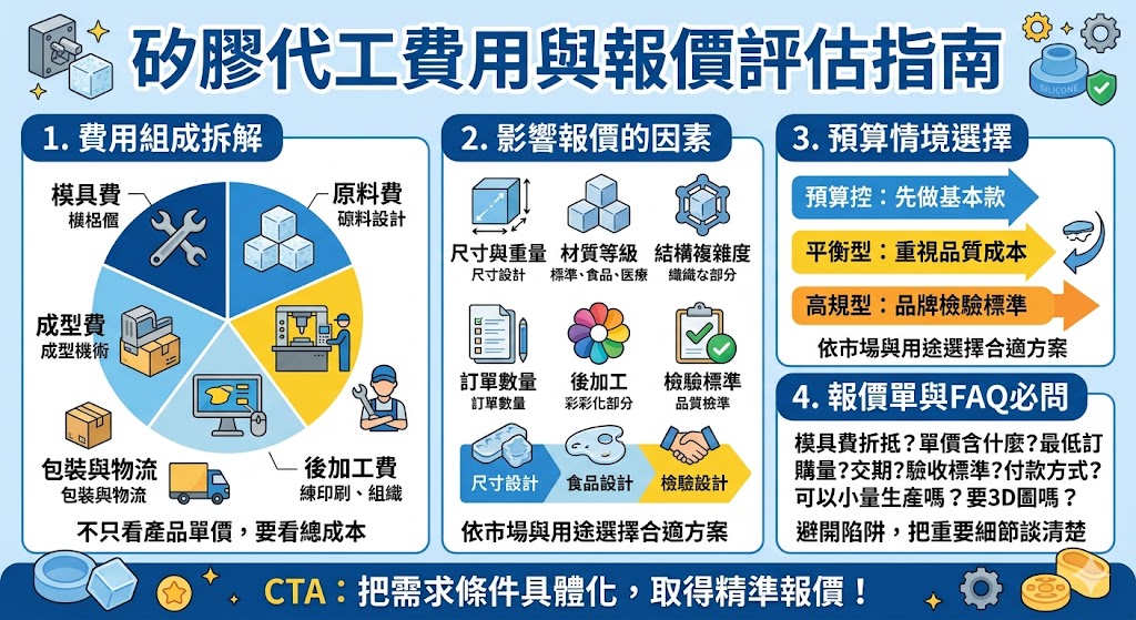 矽膠代工費用會受到產品尺寸、材質等級、模具結構、訂單數量、後加工、包裝與檢驗標準影響，沒有固定單一價格。第一次找矽膠代工廠時，建議先準備產品圖面、用途、預估數量與交期需求，再比較報價單中的模具費、打樣費、生產費與包裝費，才能更精準掌握矽膠代工成本，降低後續追加費用與溝通落差。
