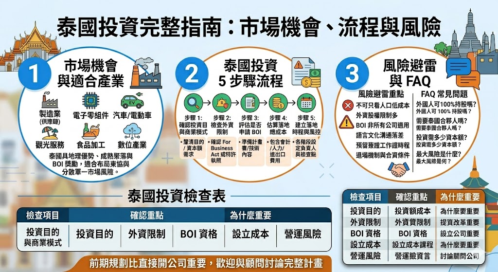 想進行泰國投資，企業不能只看市場成長與成本優勢，更需要了解外資限制、公司設立流程、BOI 投資獎勵、稅務規劃、人力成本與產業落地條件。泰國投資適合想布局東協市場、製造業供應鏈、電動車、電子零組件、食品加工、物流倉儲與數位服務的企業，但進場前應先確認產業是否受限制、資本額是否足夠、是否適合申請 BOI，以及在地法規與營運成本是否符合長期規劃，才能降低風險並提升海外布局成功率。