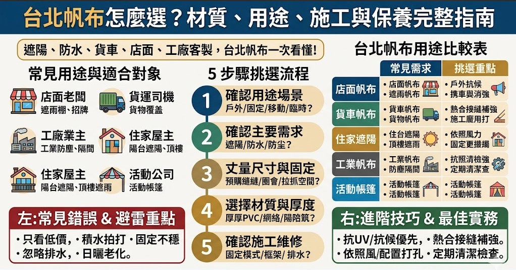 台北帆布適合店面遮雨、貨車覆蓋、陽台遮陽、活動帳篷、工廠防塵與設備保護等多種需求。選擇台北帆布時，應先確認使用場景、尺寸、材質厚度、防水耐候性、固定方式與後續維修便利性，避免只看價格而忽略耐用度。若是戶外長期使用，建議優先評估抗UV、防水、耐磨、抗拉與排水設計，才能讓帆布更安全、實用，也更符合長期使用需求。