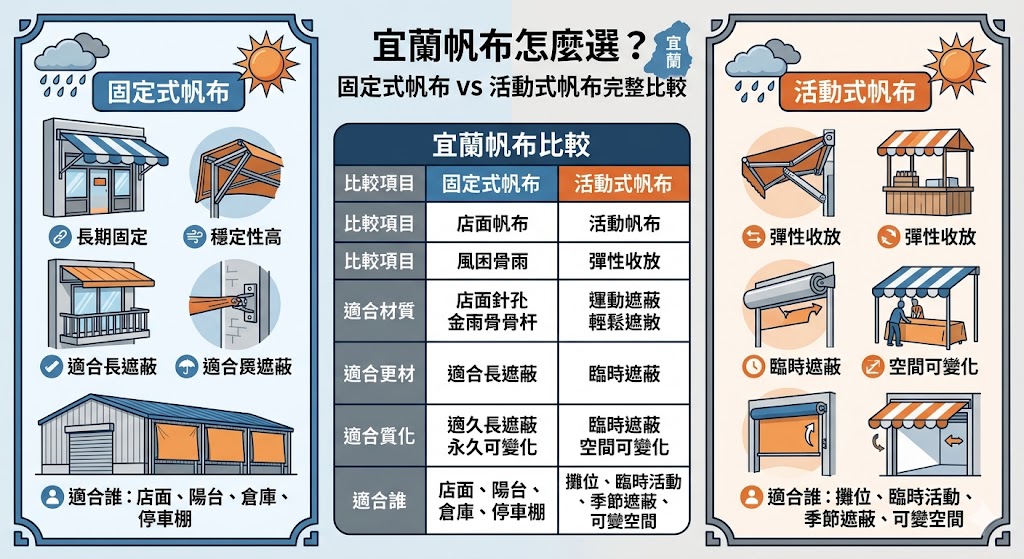 宜蘭帆布怎麼選？本文整理宜蘭帆布常見用途、固定式帆布與活動式帆布差異、費用影響因素、材質挑選重點與施工避雷事項，適合住家遮雨、店面招牌、貨車覆蓋、倉庫防護、工地遮蔽與活動攤位使用者參考，幫助你依照預算、使用情境與耐用需求，找到更合適的帆布方案。
