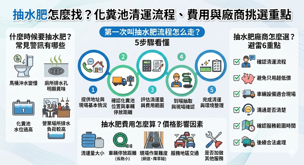 抽水肥是住家、店面、社區大樓與工廠維持排水與化糞池正常運作的重要服務，當馬桶排水變慢、廁所異味明顯、化糞池水位過高或污水池滿溢時，就可能需要安排抽水肥清運。本文整理抽水肥流程、費用影響因素、廠商挑選重點與常見問題，協助有清運需求的人快速了解如何預約、怎麼避雷，以及抽水肥前後該注意哪些事項。