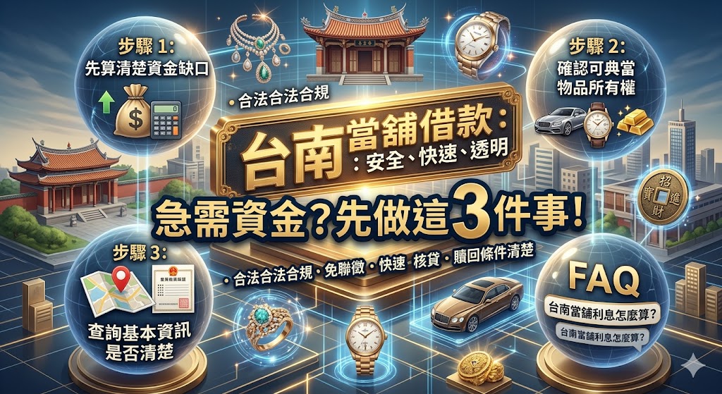 急需資金周轉時,選擇台南當舖前應先確認借款需求、典當品價值、利息費用與契約內容。本文整理台南當舖常見借款原因、排查流程、注意事項與警訊清單,幫助你在諮詢台南當舖前先掌握重點,降低資訊不清或費用爭議的風險。
