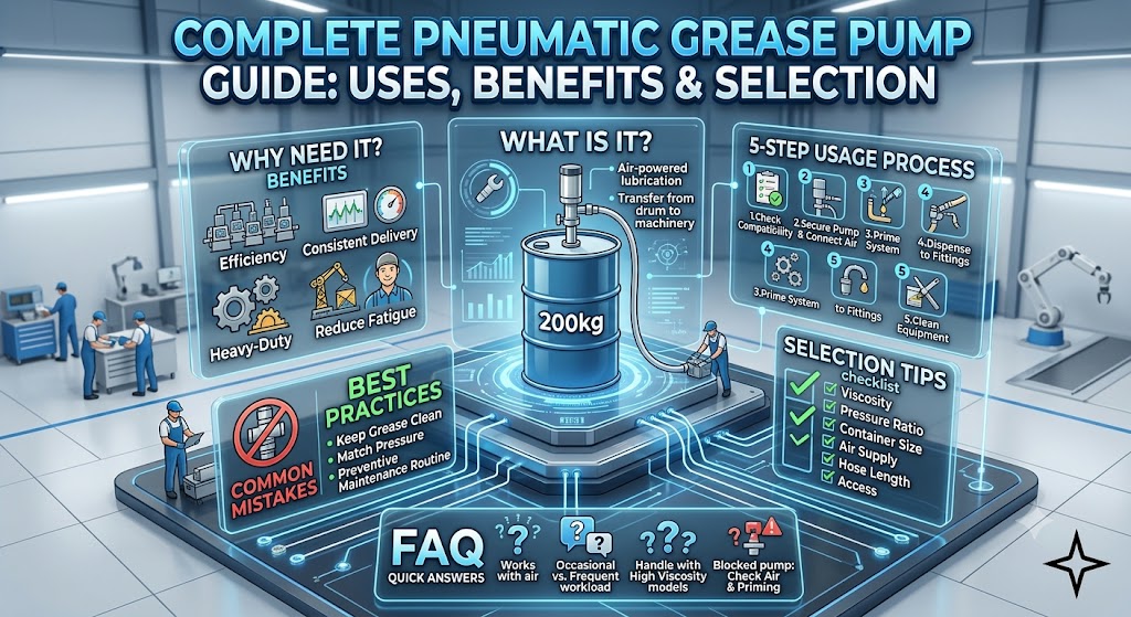 A pneumatic grease pump is an air-powered lubrication solution designed to deliver grease efficiently from drums, pails, or reservoirs to machinery lubrication points. This guide explains what a pneumatic grease pump is, how it works, where it is commonly used, and how to choose the right model for industrial maintenance, automotive workshops, heavy equipment service, production lines, and machinery repair environments. By using compressed air instead of manual force, a pneumatic grease pump helps improve lubrication consistency, reduce operator fatigue, support high-viscosity grease transfer, and make routine maintenance cleaner, faster, and easier to control. The article also covers setup steps, air pressure considerations, grease compatibility, hose selection, priming procedures, common operating mistakes, and practical maintenance tips. Readers can use this content to understand key selection factors such as pressure ratio, container size, air supply, flow demand, hose length, outlet configuration, and service accessibility. Whether you manage a factory, repair shop, fleet maintenance team, or equipment service operation, this pneumatic grease pump guide provides clear information for safer, smoother, and more reliable lubrication work. It is especially useful for buyers, engineers, technicians, and maintenance managers comparing lubrication equipment before purchase, system upgrades, or daily maintenance planning in demanding industrial work environments.